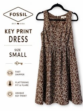 Fossil Key Print Sleeveless Fit & Flare Dress Brown Cream Size Small